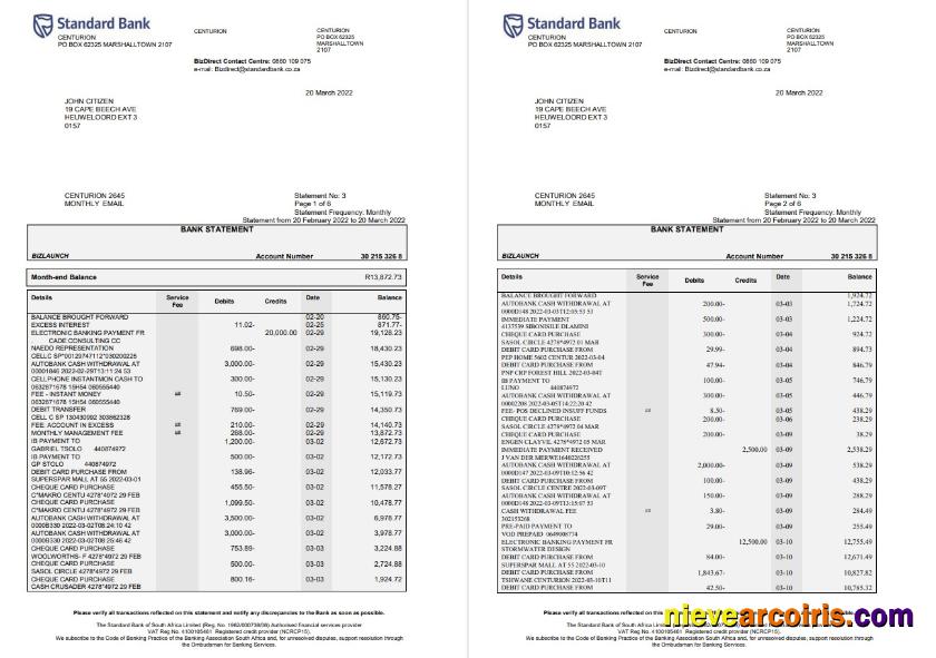 South Africa Standard bank statement 6 pages